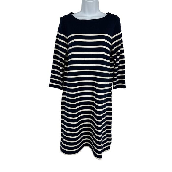 L.L. Bean Breton Nautical Coastal Dress Summer 3/4 Sleeves Navy Size M - Picture 1 of 8